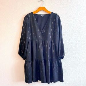 Madewell black Metallic Jacquard Faux-Wrap Tiered Mini Dress Small MC325
